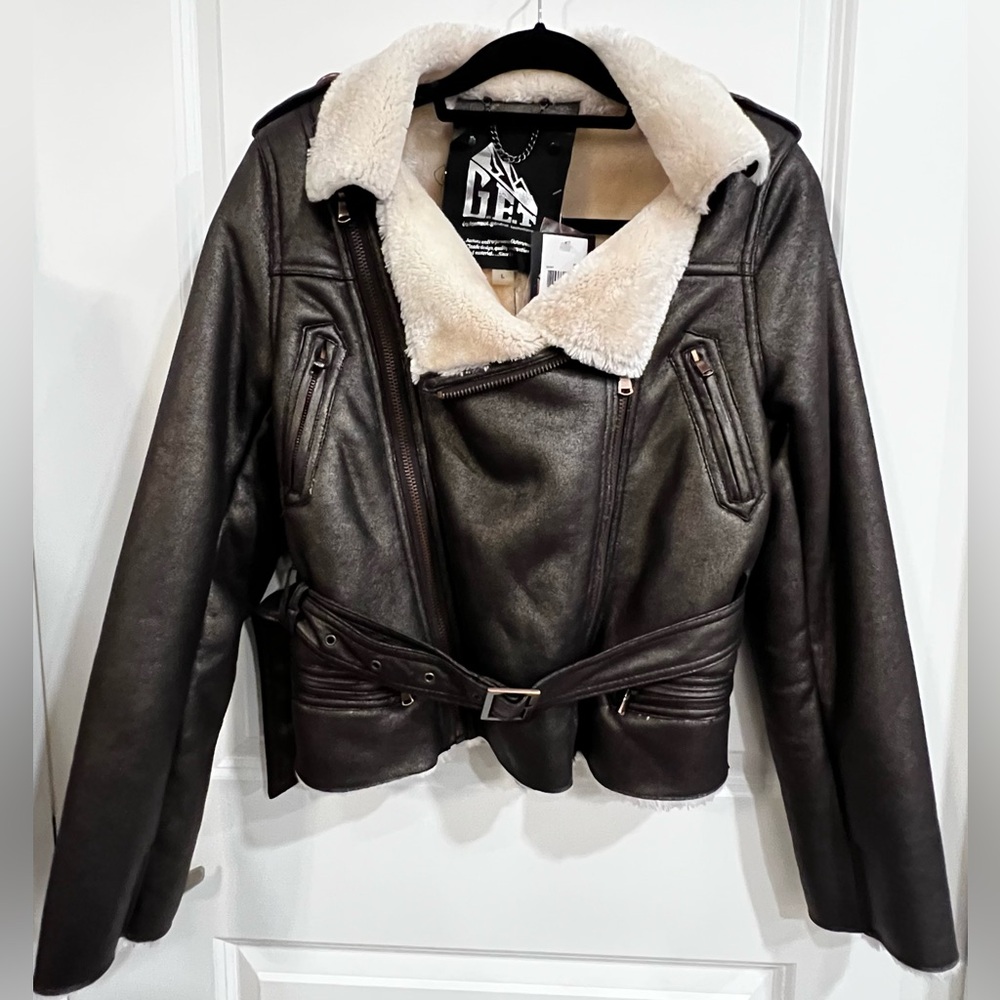 🔥NEW Leather & Shearling Fur Moto Biker Bomber Jacket Brown Size L Women’s